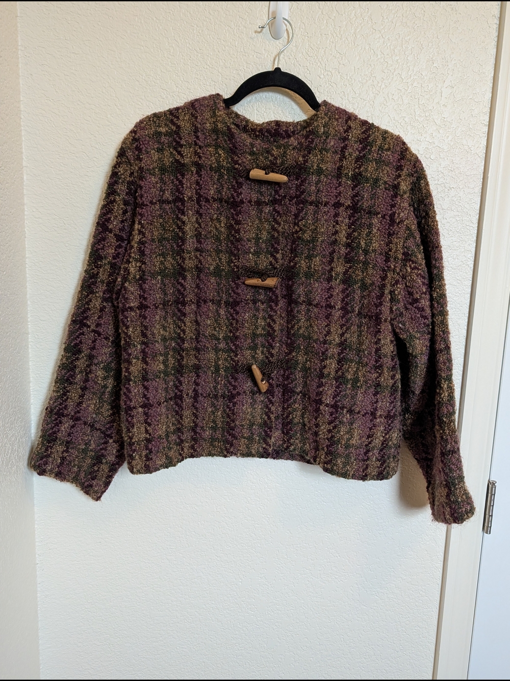 Weave of the Irish Sweater Women Medium Brown Wool Boucle Tweed Cardigan Plaid